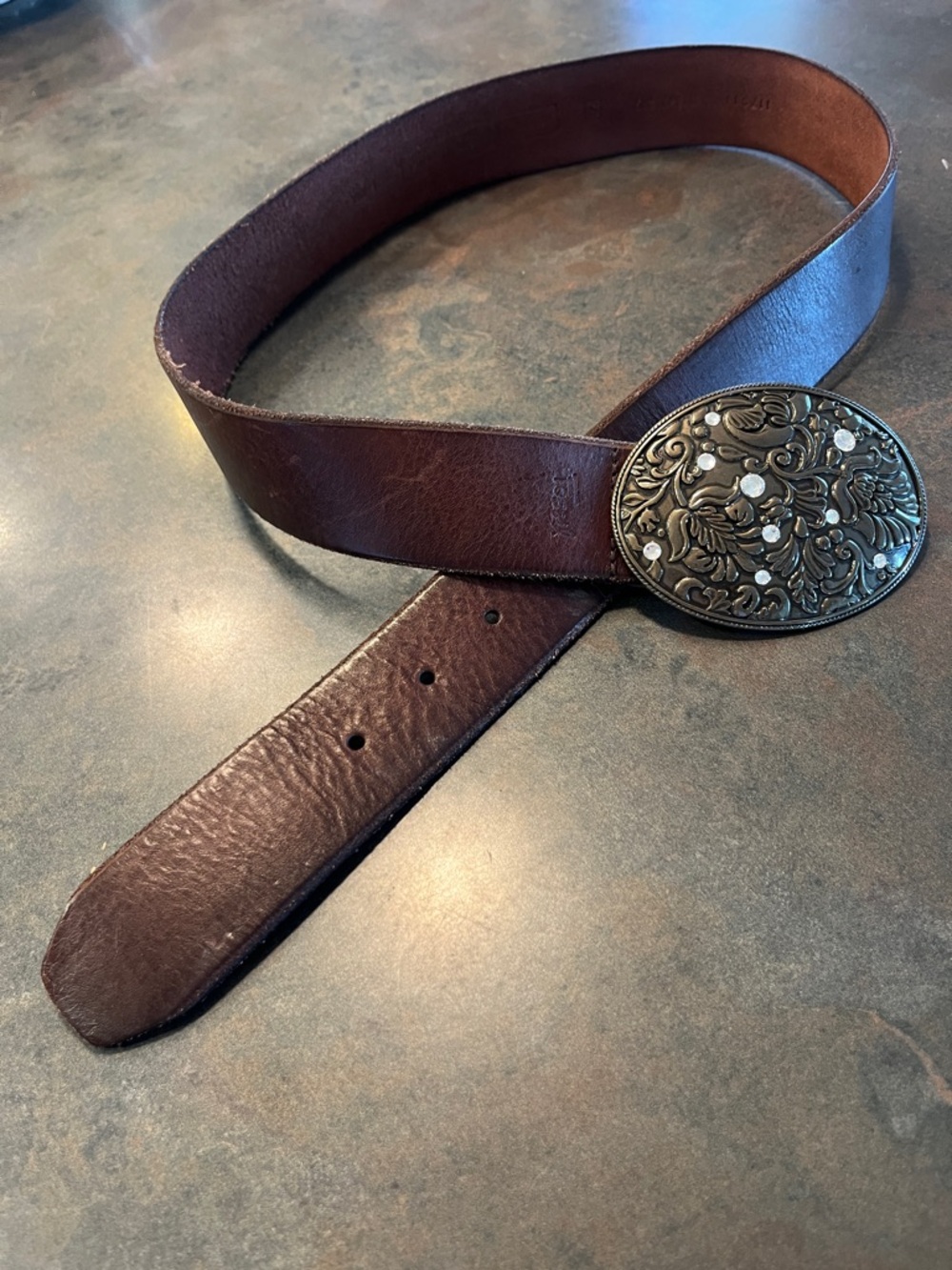 Fossil Leather Western Belt with Ornate Silver-Tone Buckle - Brown